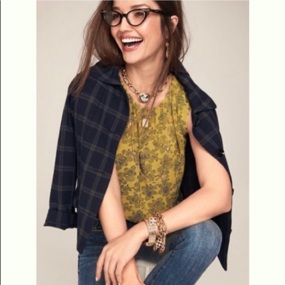 Cabi Mustard & Black Paisley Print Pleated Neckline Sleeveless Top (S)